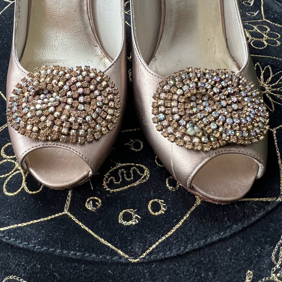 Stuart Weitzman 7 Rhinestone Heels Bronze Slingback Leather Shoes Metallic - Picture 13 of 15